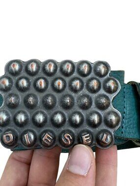 Y2K Diesel Teal Blue Leather Studded Hippy Belt sz 95cm Made in Italy